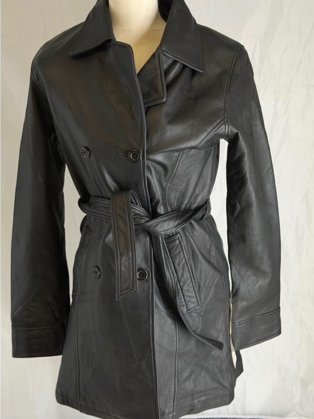 Classic Women Double Breasted Black Leather Trench Coat with Belt NWT $599 M